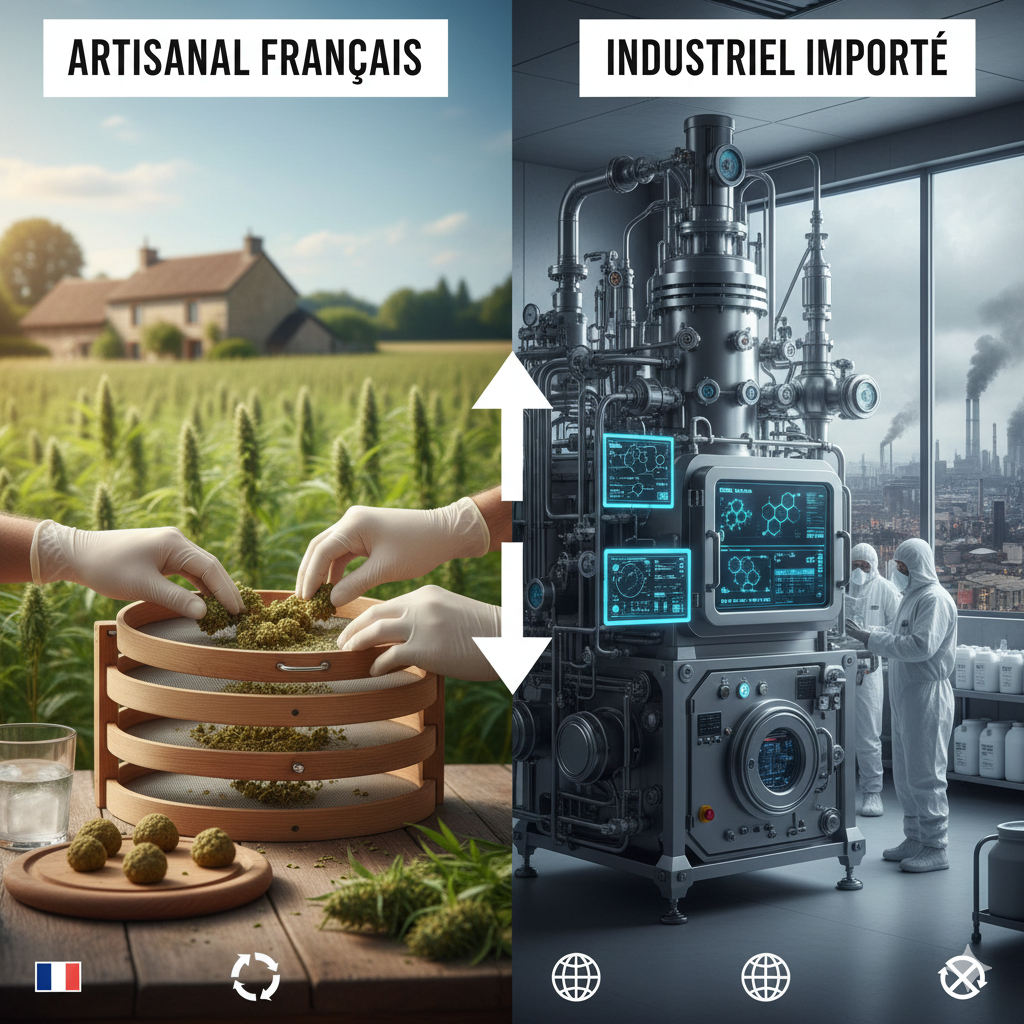 Résine CBD artisanale française extraction manuelle vs industrielle importée production masse