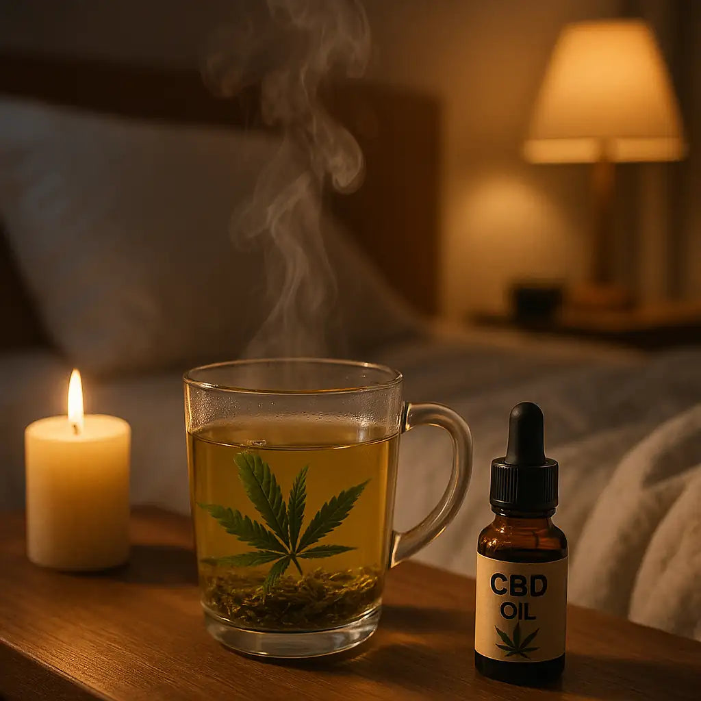 Infusion de chanvre et flacon d’huile de CBD sur table de nuit, ambiance apaisante avant le coucher