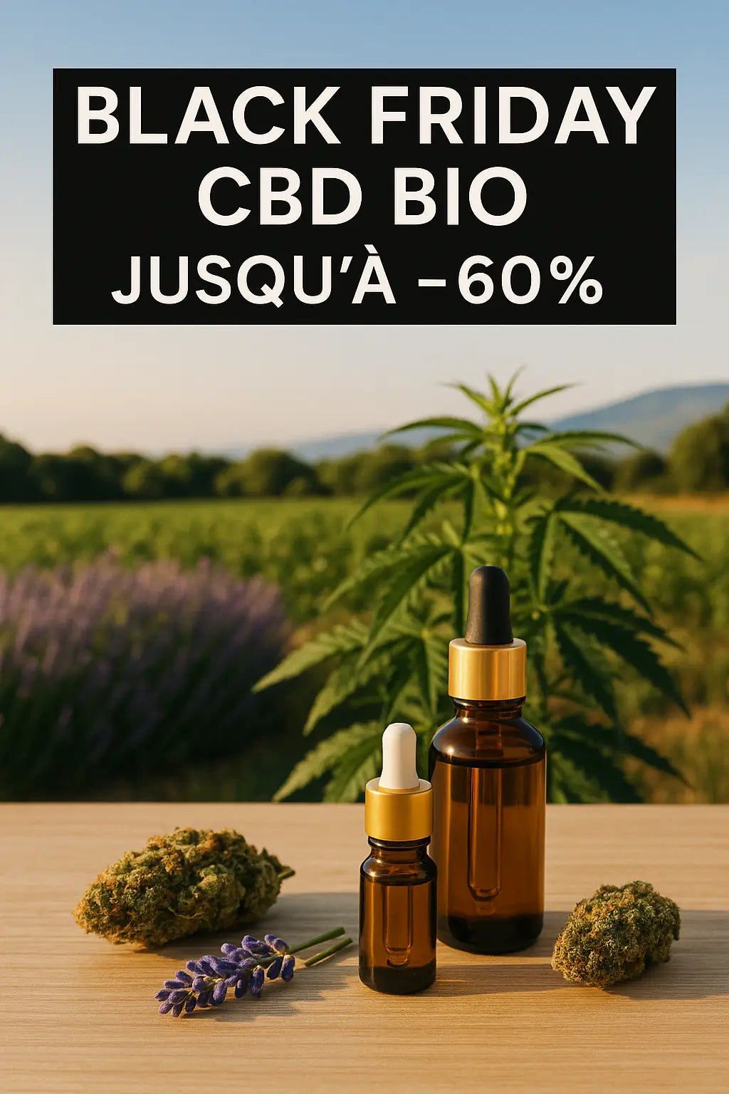 Illustration des offres Black Friday 2025 sur les produits CBD d'mour de Chanvre